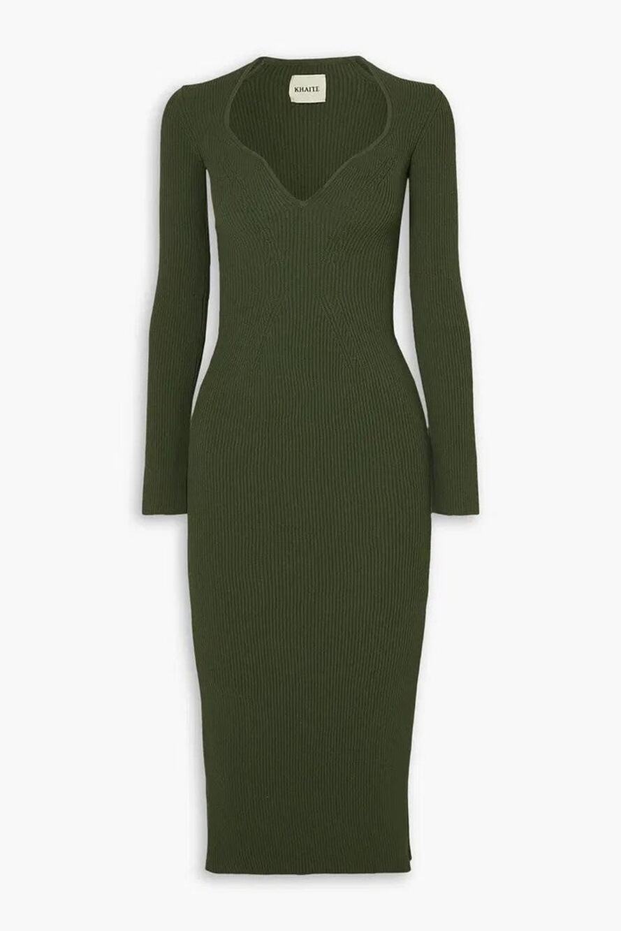 KHAITE Alessandra Ribbed-Knit Long Sleeves Midi Dress - XS